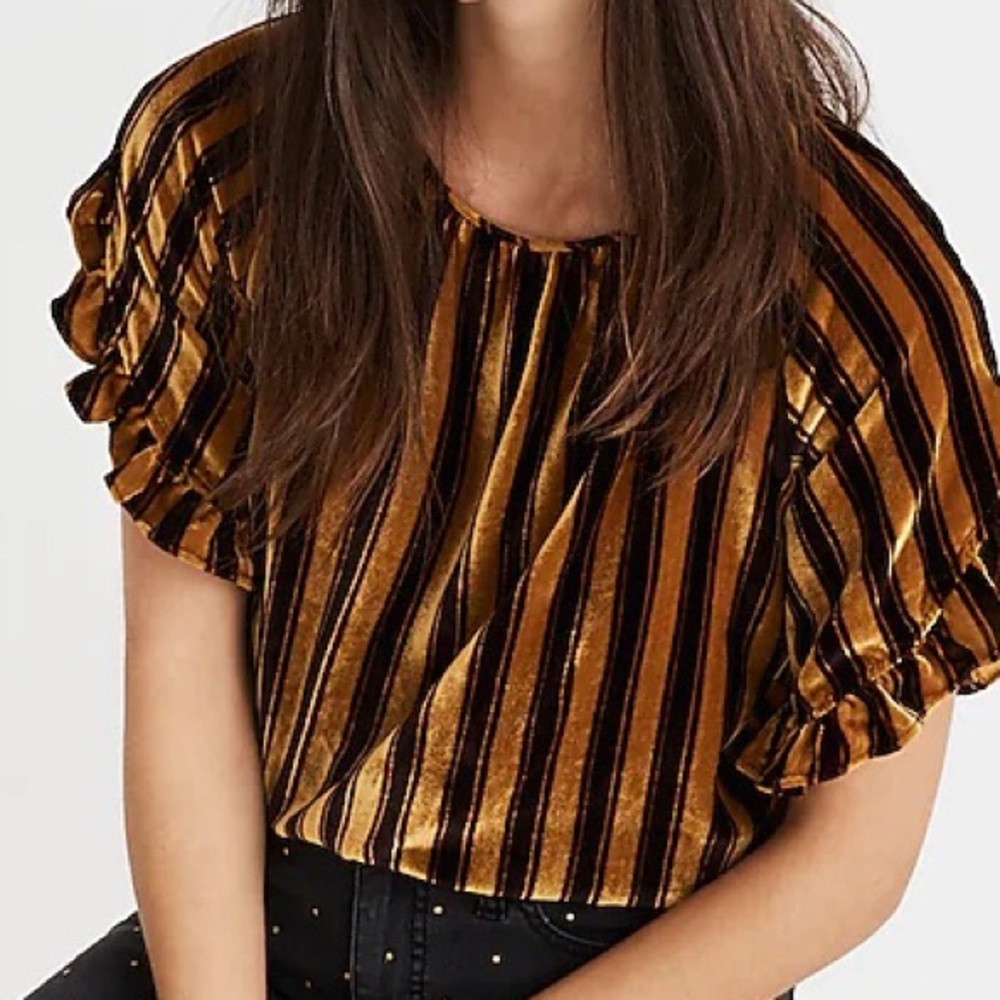NWT Madewell Memento Gold & Brown Stripe Velvet Ruffle Blouse Small